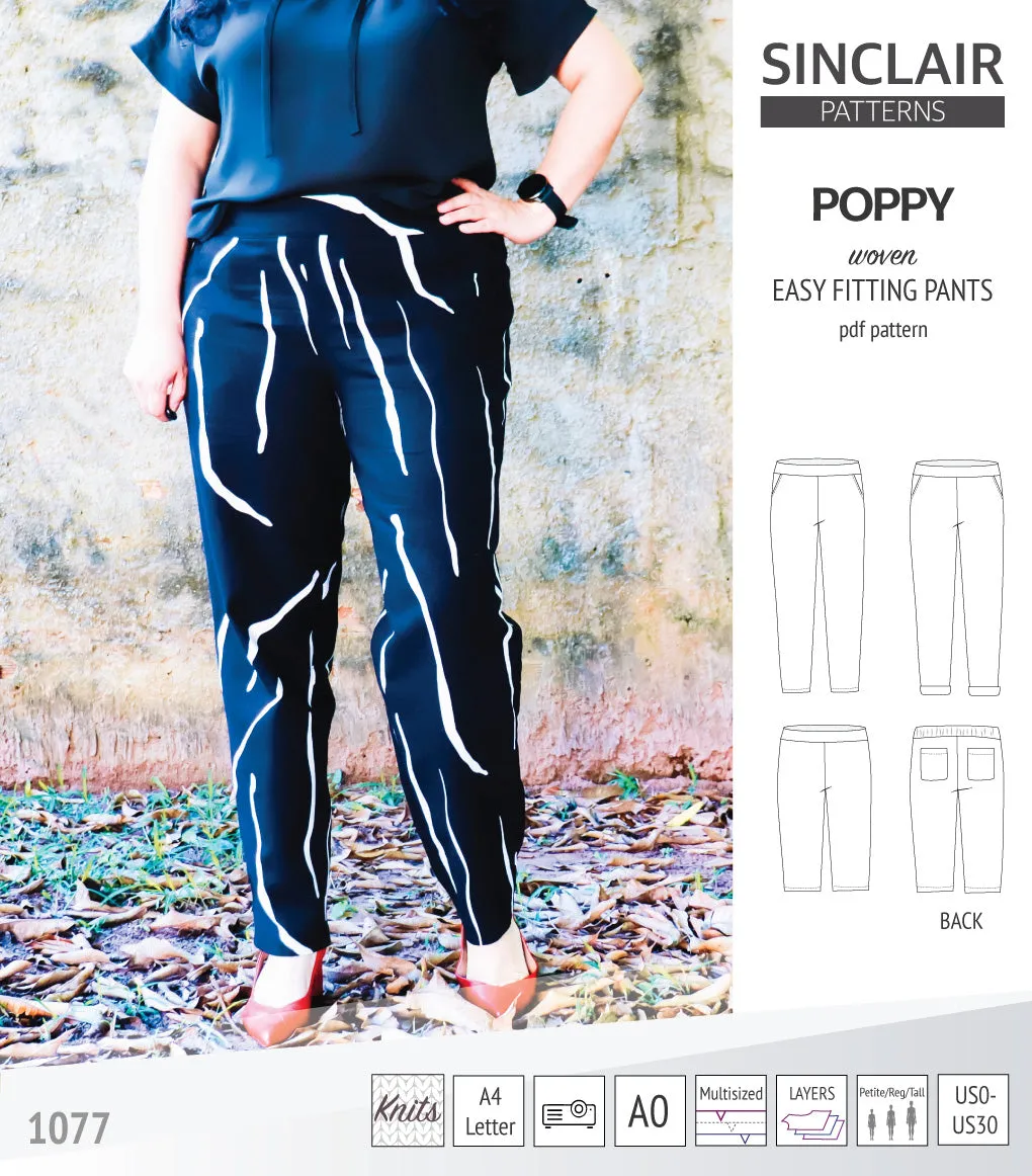 Poppy easy fitting pants for woven fabrics (PDF)