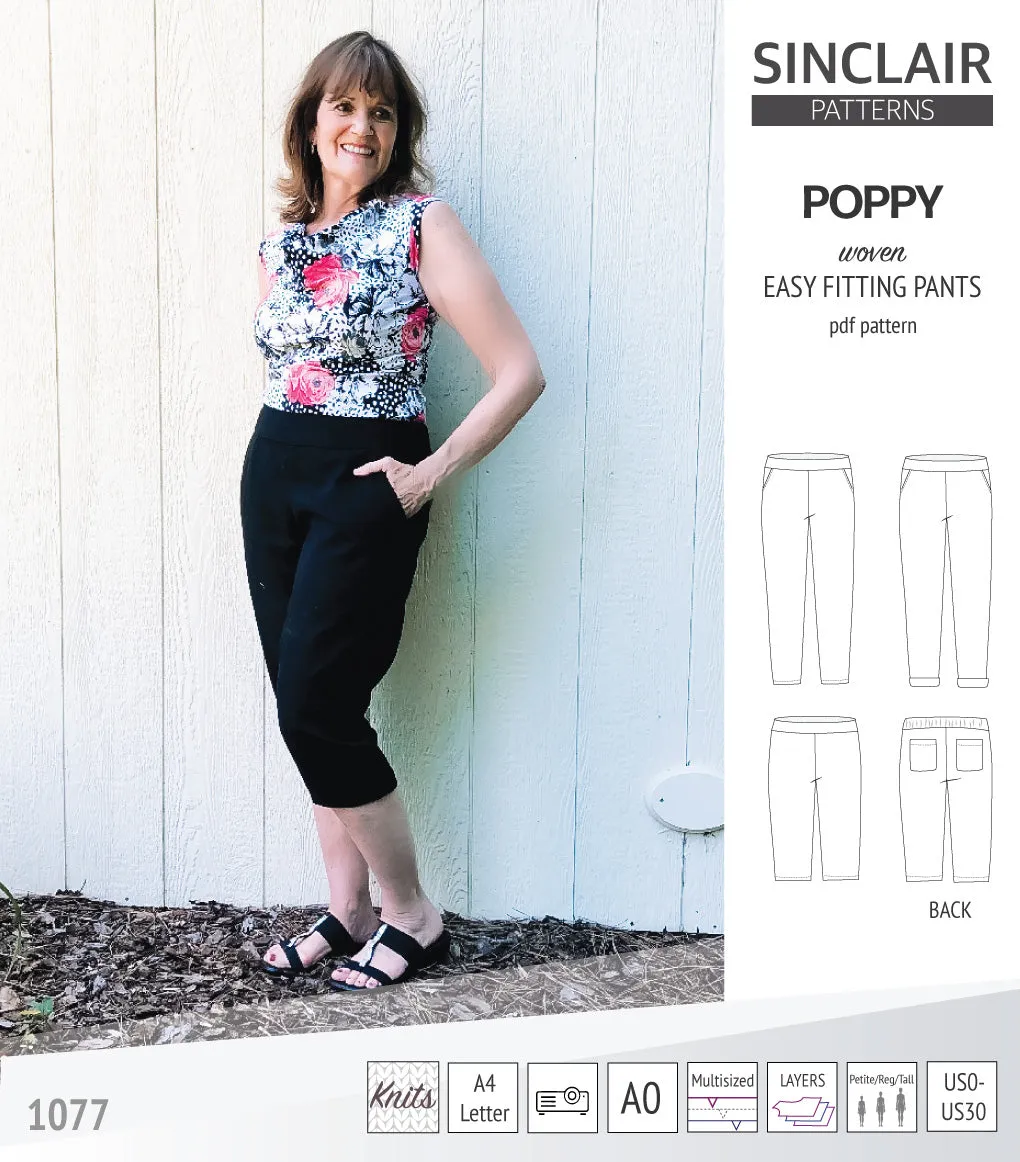 Poppy easy fitting pants for woven fabrics (PDF)