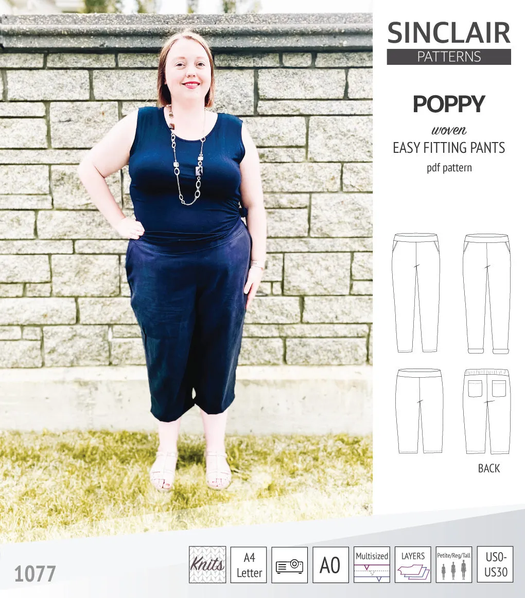 Poppy easy fitting pants for woven fabrics (PDF)