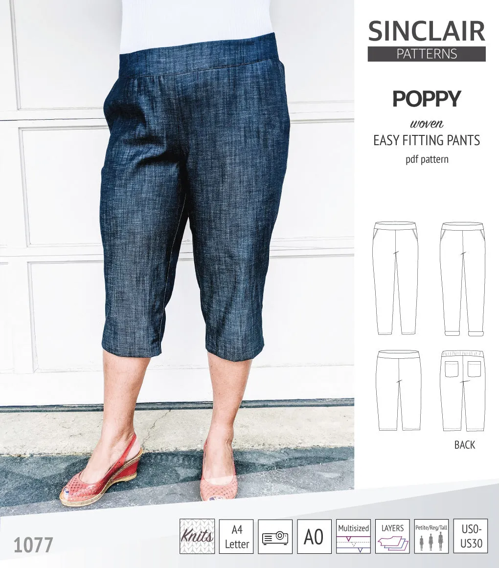 Poppy easy fitting pants for woven fabrics (PDF)