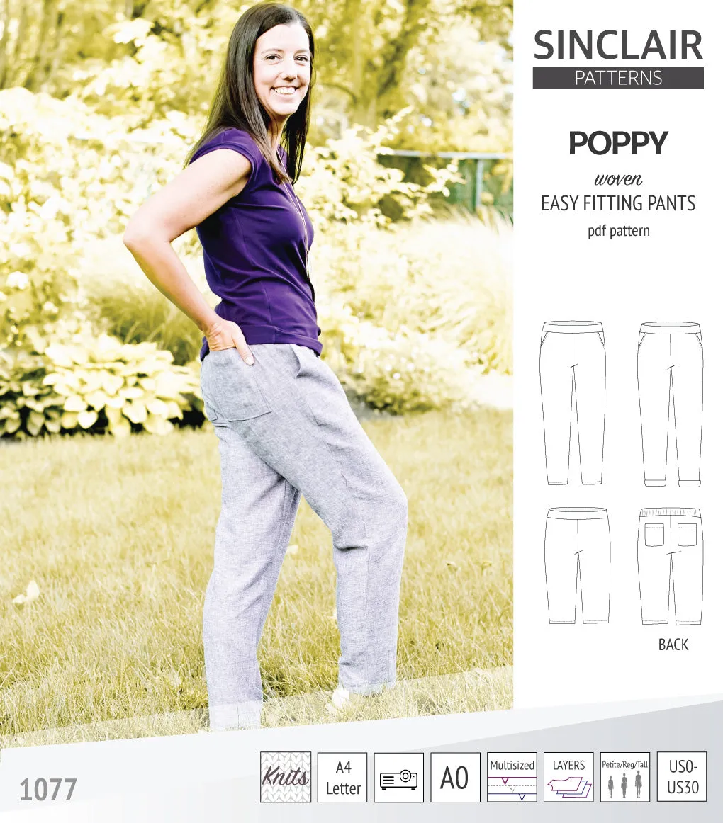 Poppy easy fitting pants for woven fabrics (PDF)
