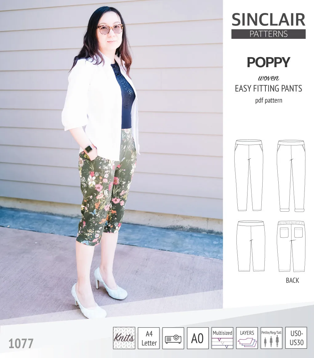 Poppy easy fitting pants for woven fabrics (PDF)