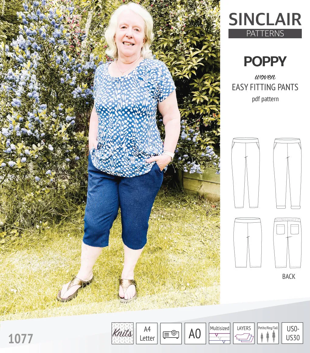 Poppy easy fitting pants for woven fabrics (PDF)