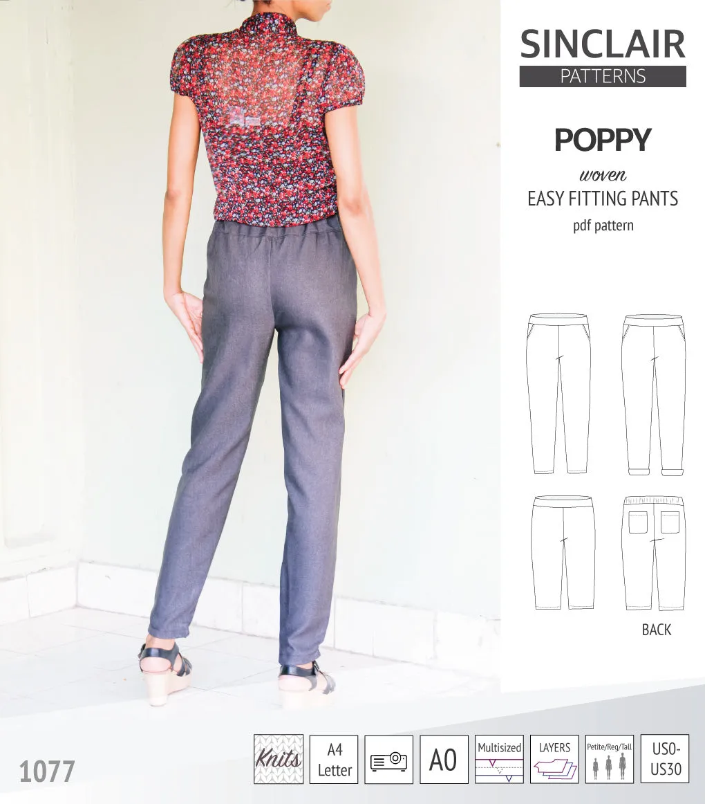 Poppy easy fitting pants for woven fabrics (PDF)