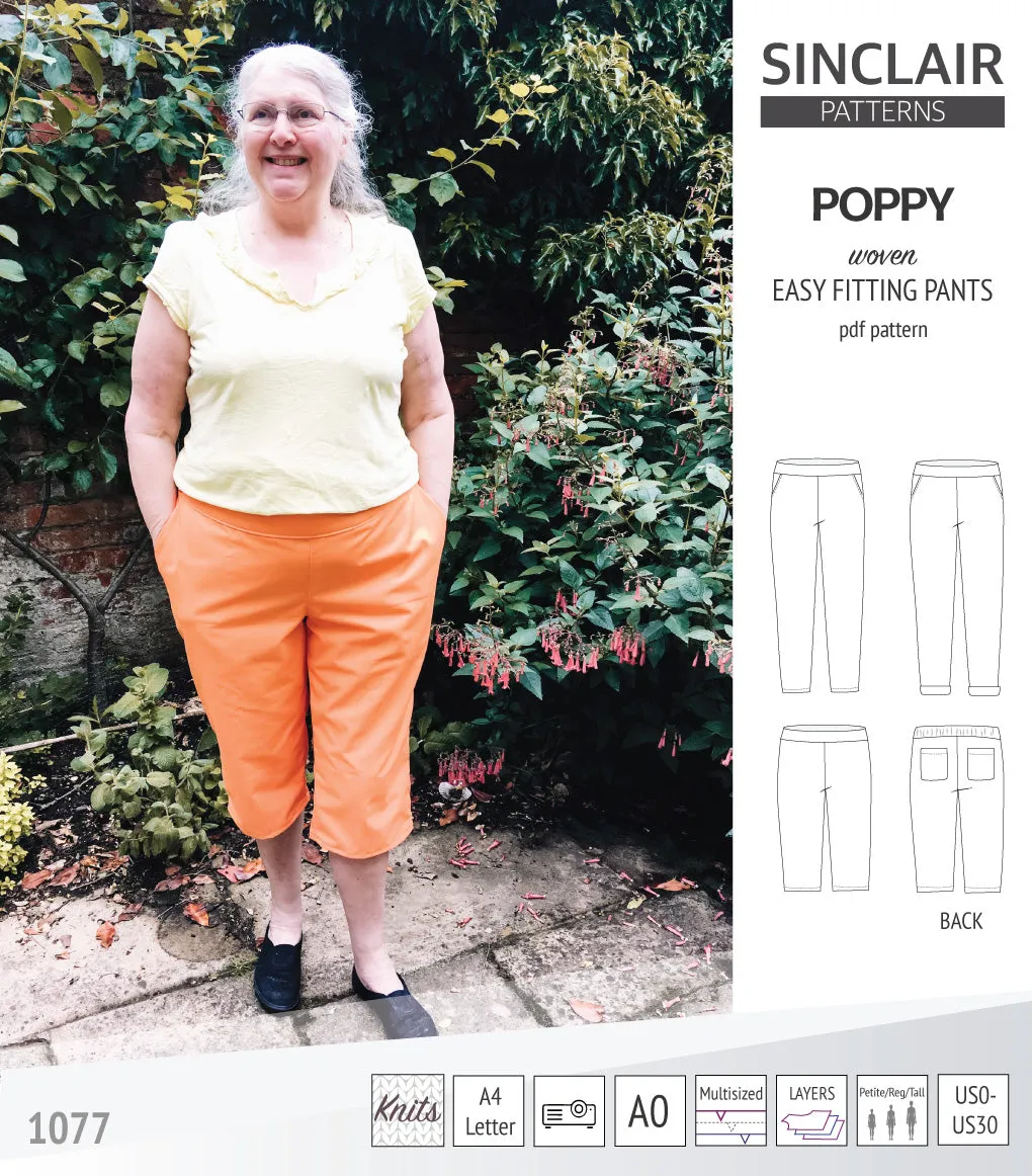 Poppy easy fitting pants for woven fabrics (PDF)