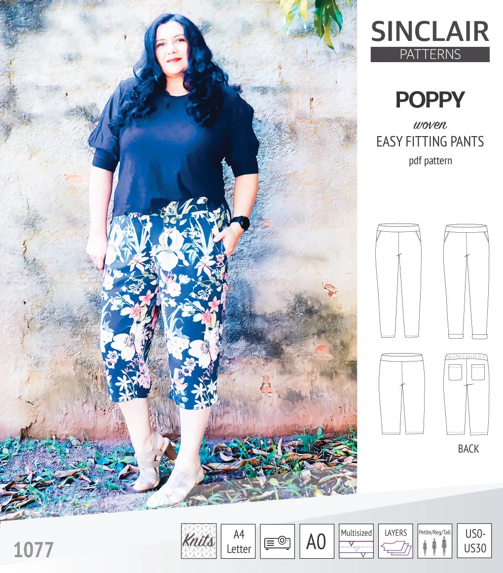 Poppy easy fitting pants for woven fabrics (PDF)