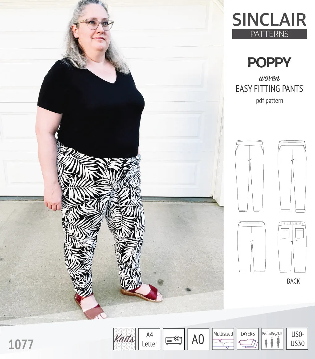 Poppy easy fitting pants for woven fabrics (PDF)