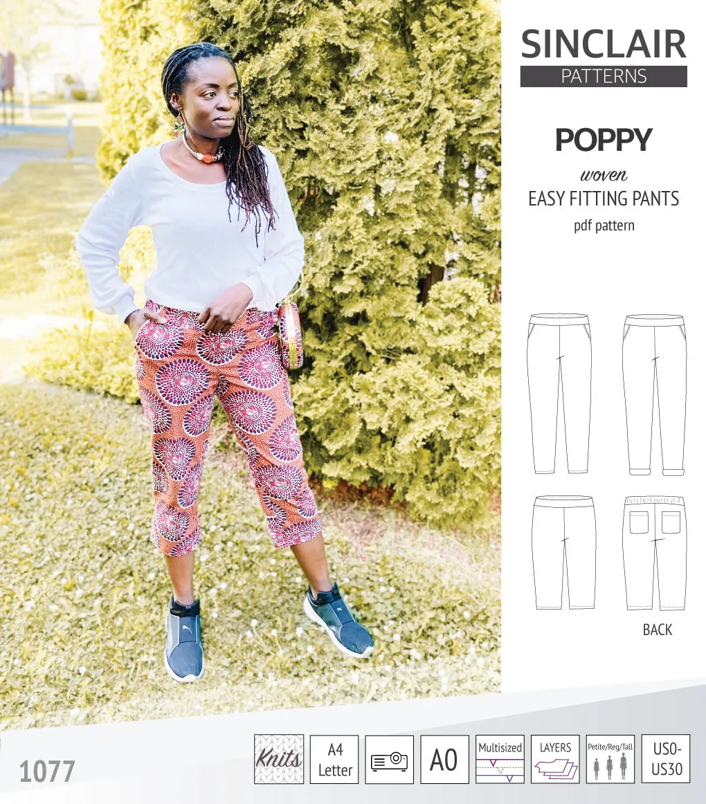 Poppy easy fitting pants for woven fabrics (PDF)