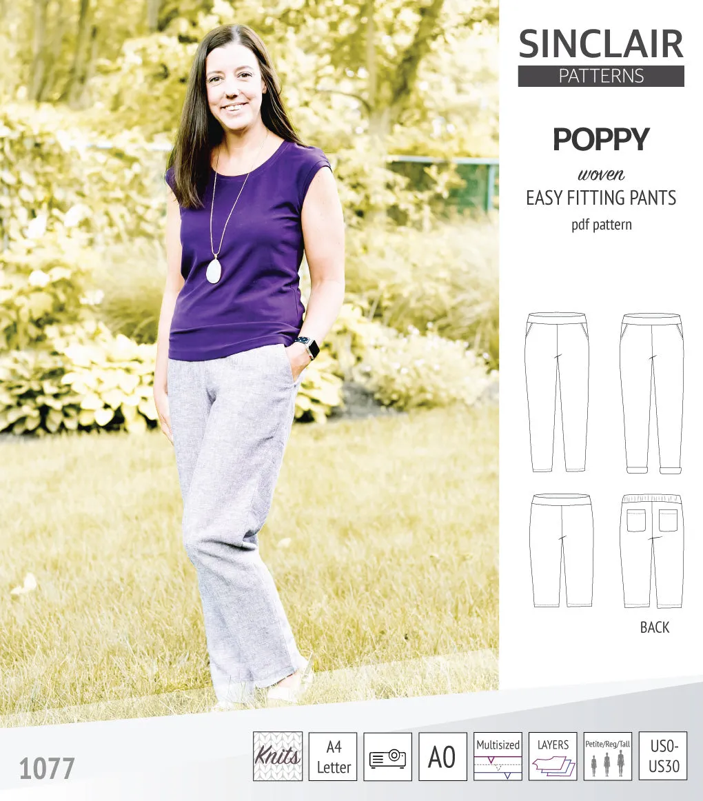 Poppy easy fitting pants for woven fabrics (PDF)