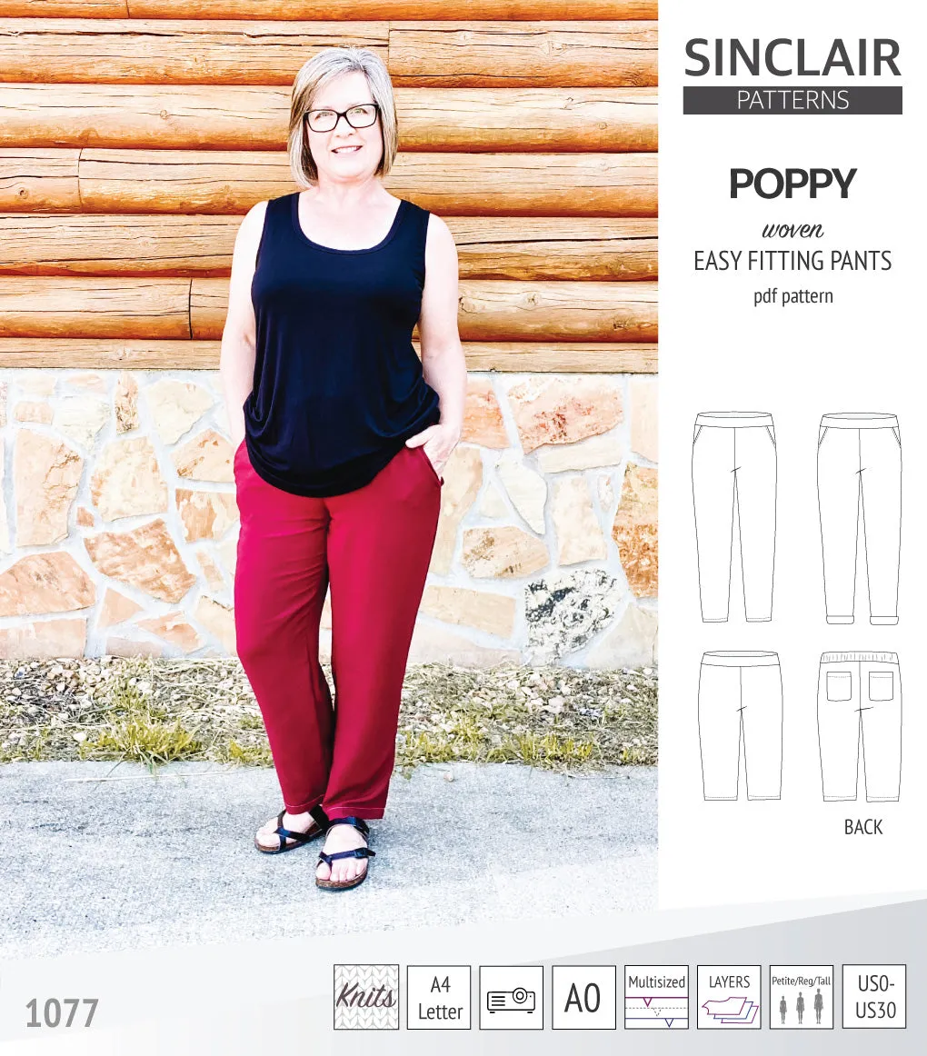 Poppy easy fitting pants for woven fabrics (PDF)