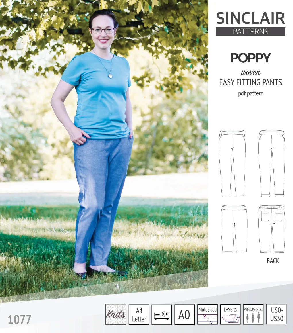 Poppy easy fitting pants for woven fabrics (PDF)