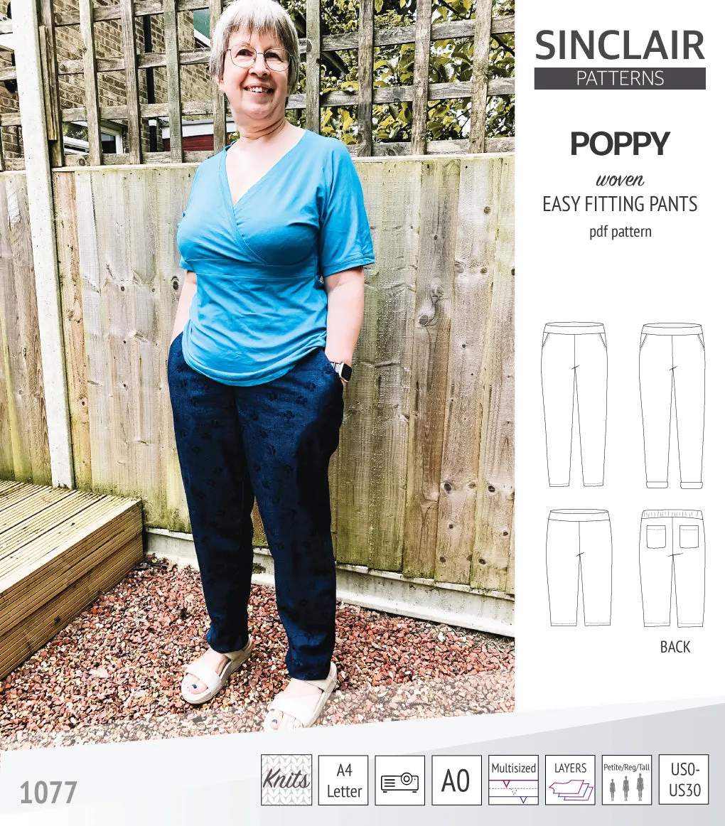 Poppy easy fitting pants for woven fabrics (PDF)