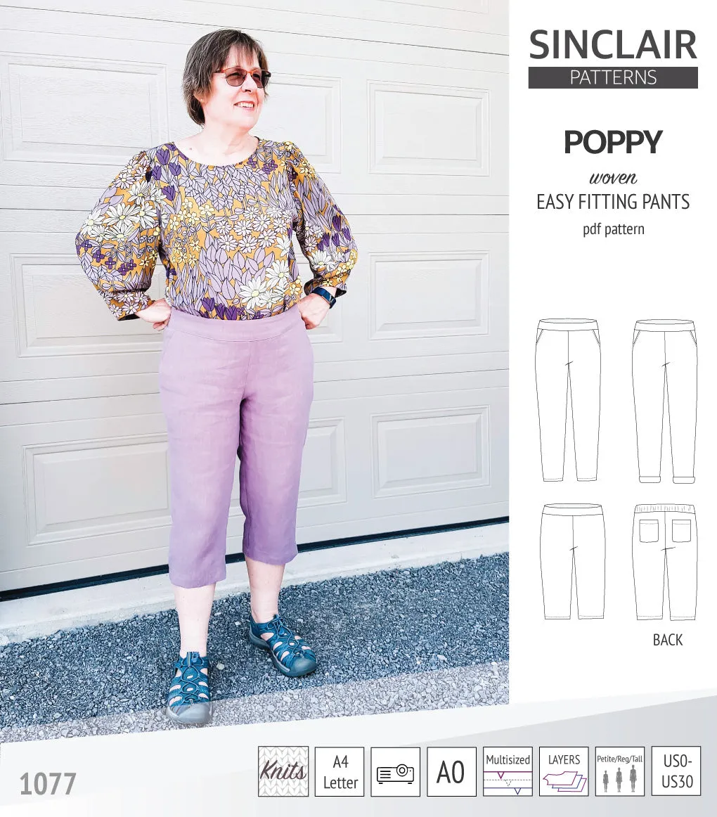 Poppy easy fitting pants for woven fabrics (PDF)