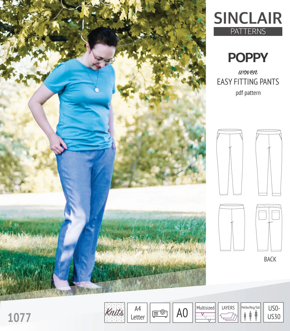 Poppy easy fitting pants for woven fabrics (PDF)