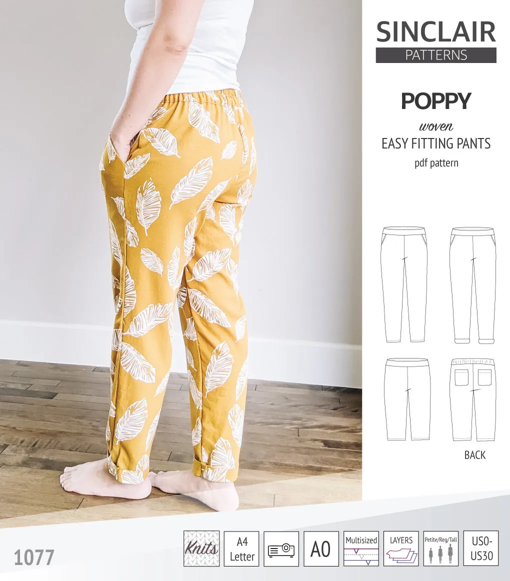 Poppy easy fitting pants for woven fabrics (PDF)