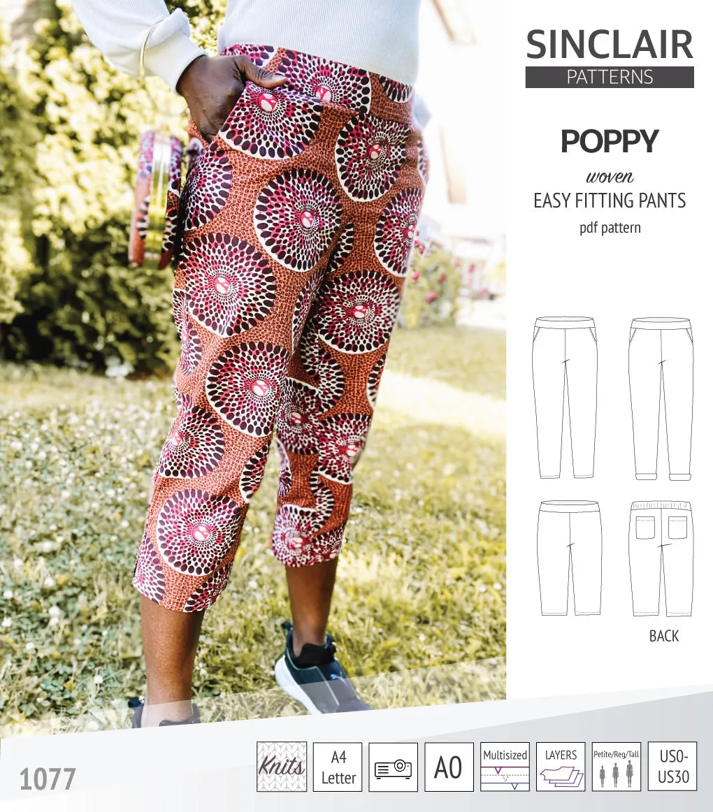Poppy easy fitting pants for woven fabrics (PDF)