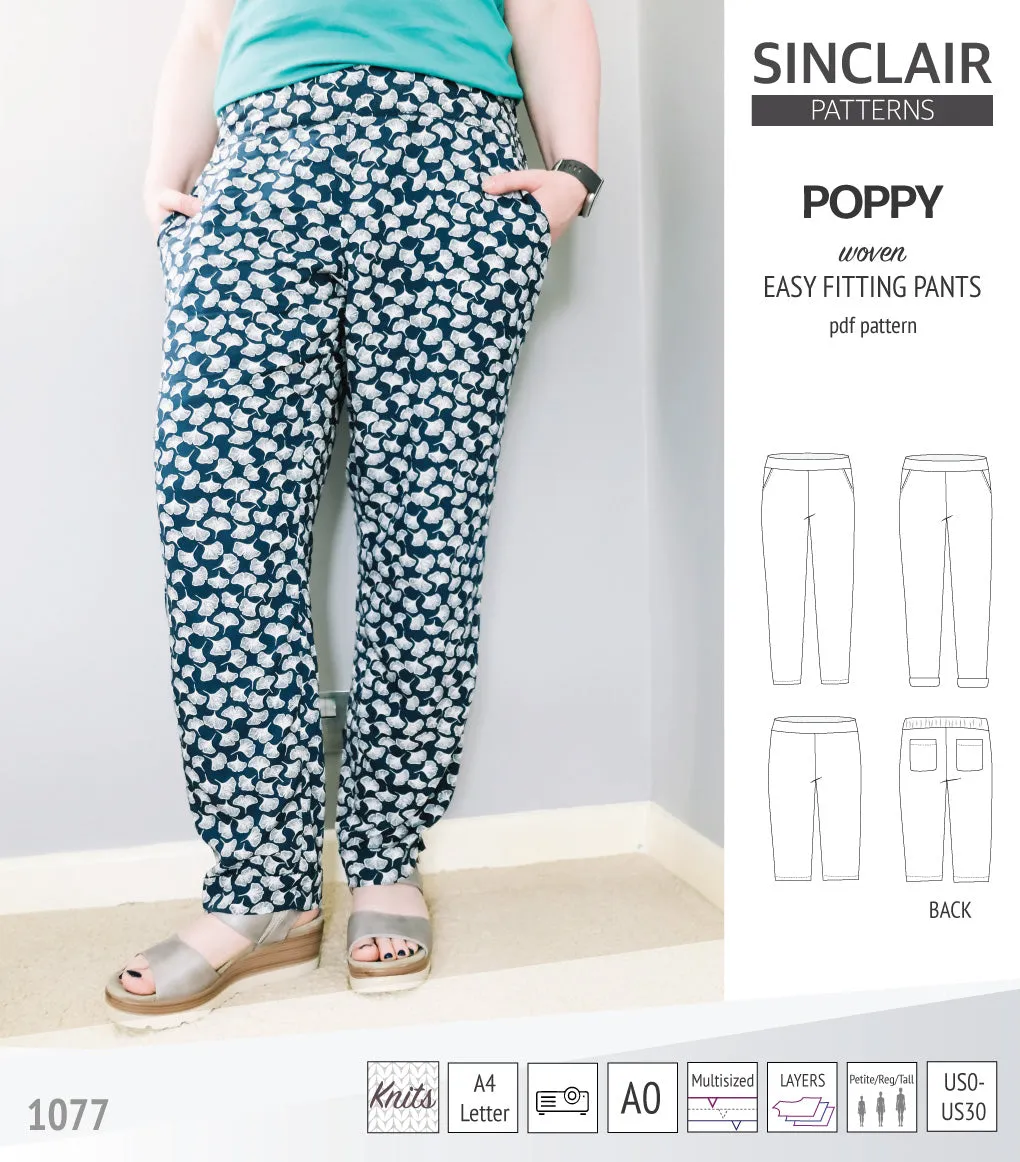 Poppy easy fitting pants for woven fabrics (PDF)