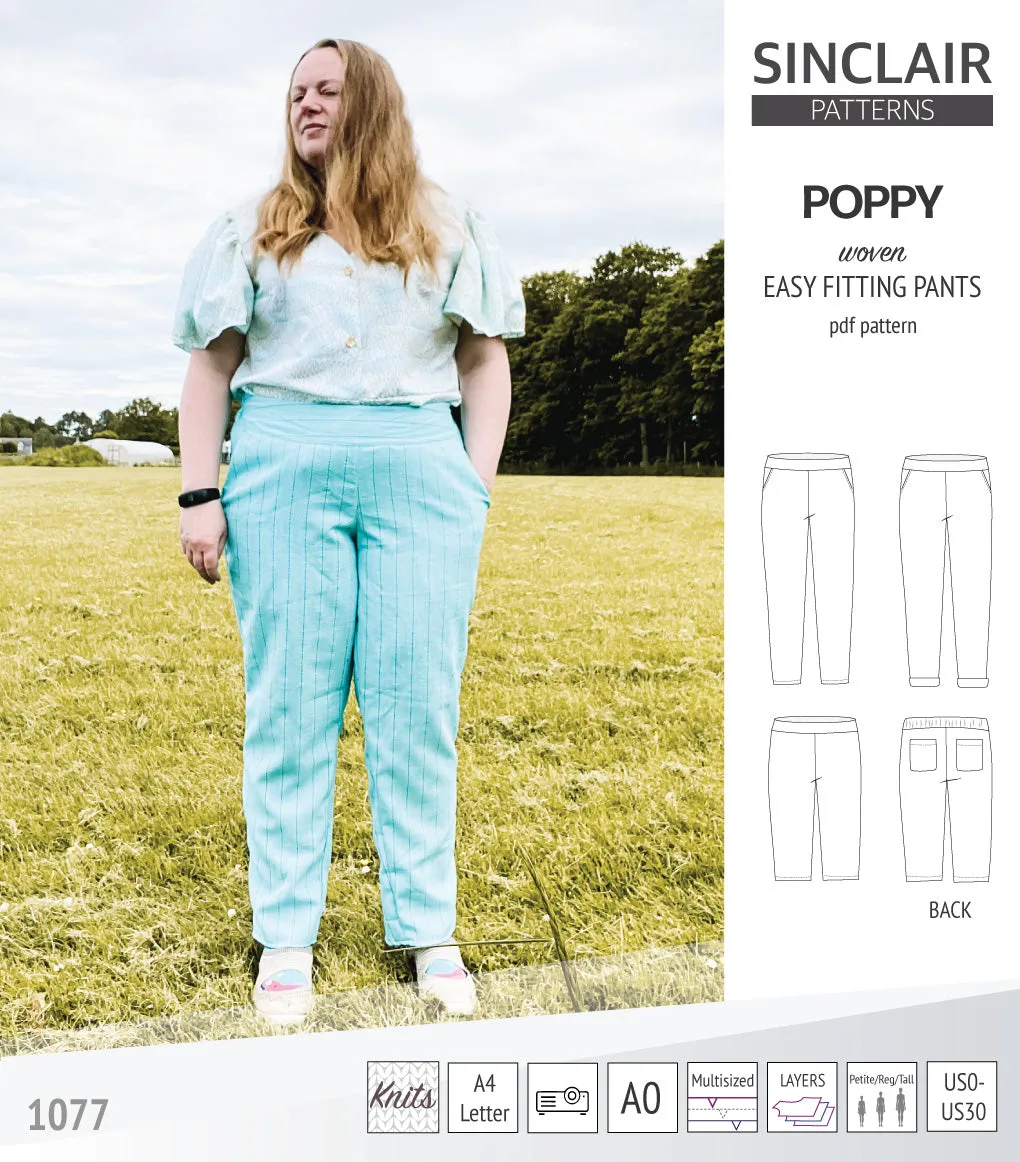 Poppy easy fitting pants for woven fabrics (PDF)