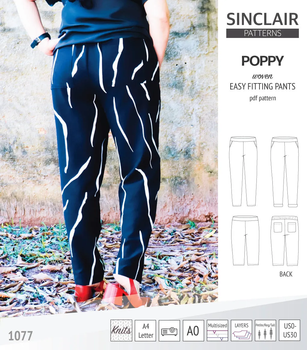 Poppy easy fitting pants for woven fabrics (PDF)