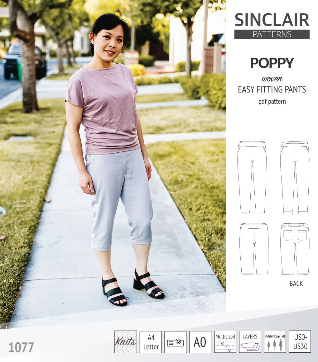 Poppy easy fitting pants for woven fabrics (PDF)