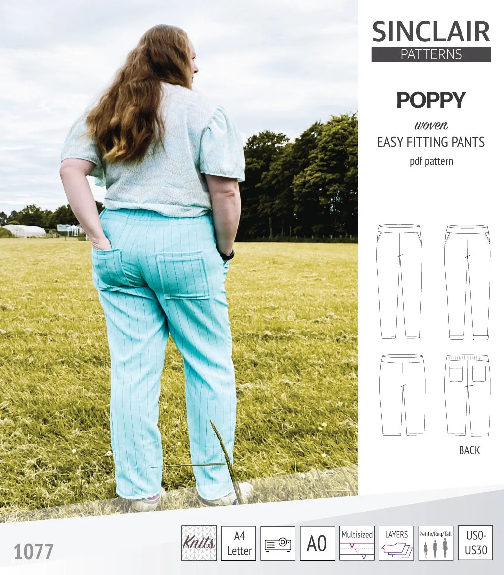 Poppy easy fitting pants for woven fabrics (PDF)