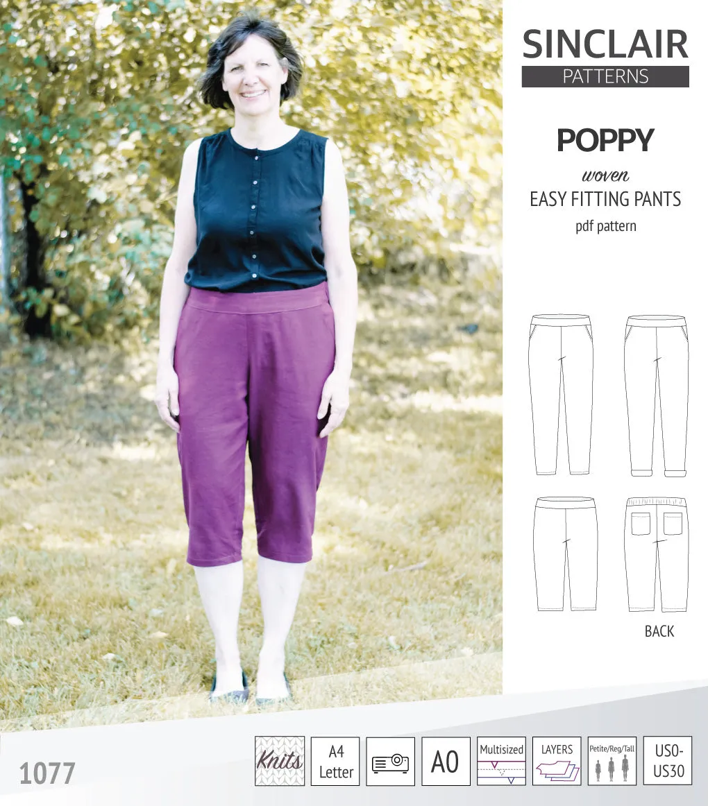 Poppy easy fitting pants for woven fabrics (PDF)