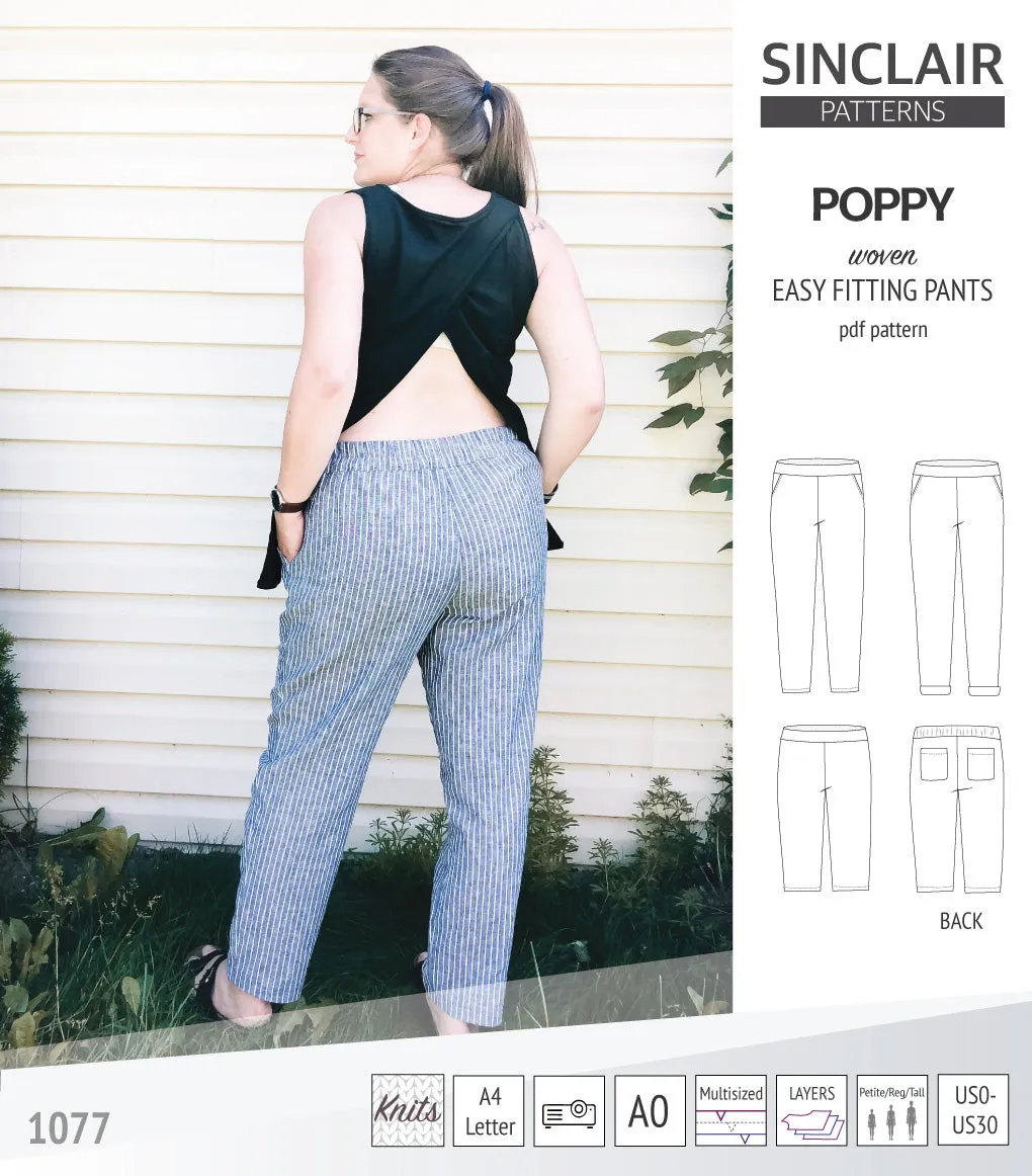 Poppy easy fitting pants for woven fabrics (PDF)