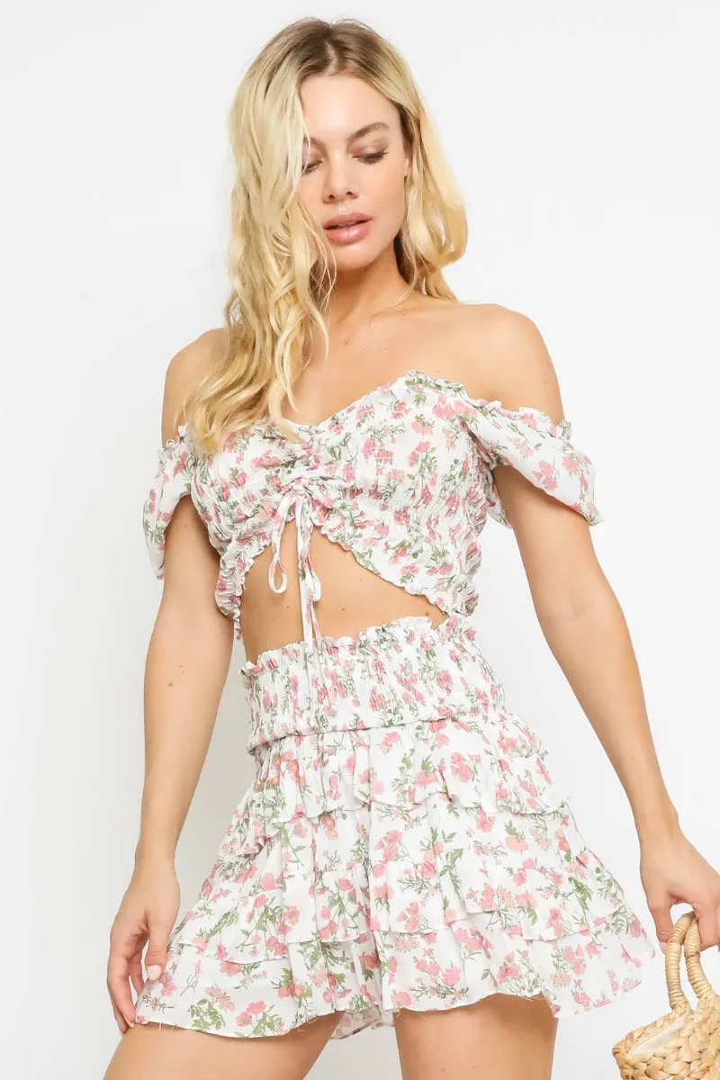 Print Smocked Tiered Ruffle Mini Skirt