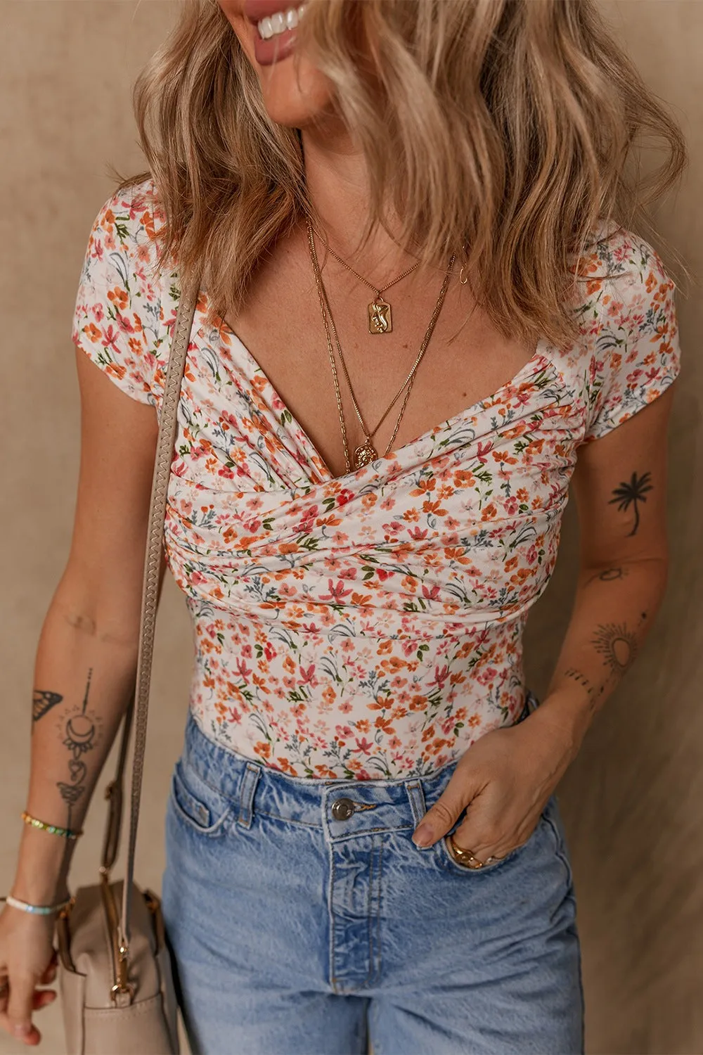 Printed Ruched Short Sleeve Bodysuit Top S-XL