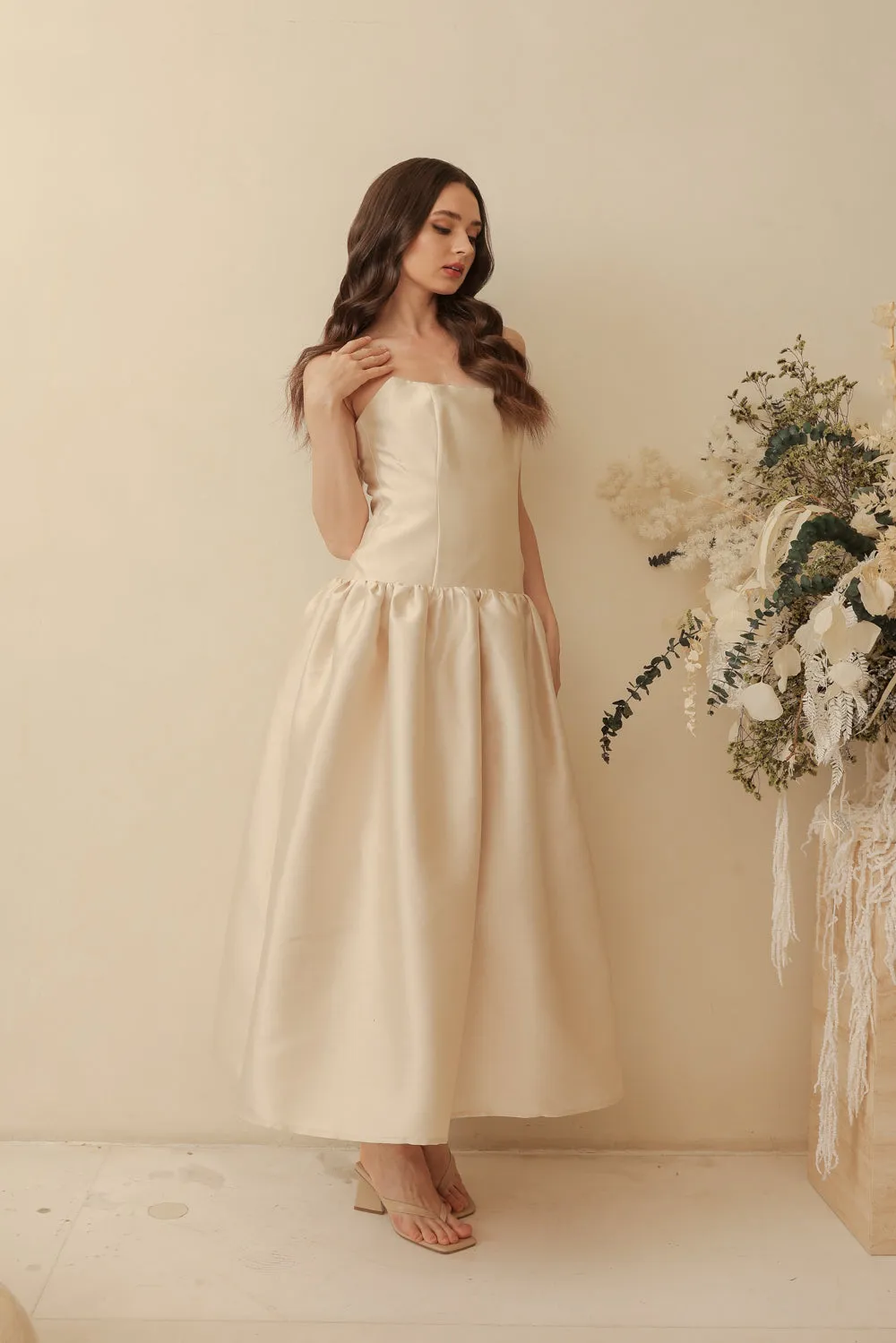 PROVENCE Strapless Drop Waist Midi Dress (Light Gold Gazaar)