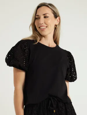 Puff Anglaise Sleeve Combo Tee - Black
