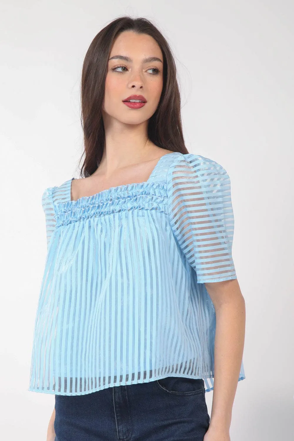 Puff Sleeve Organza Stripe Sheer Blouse Top
