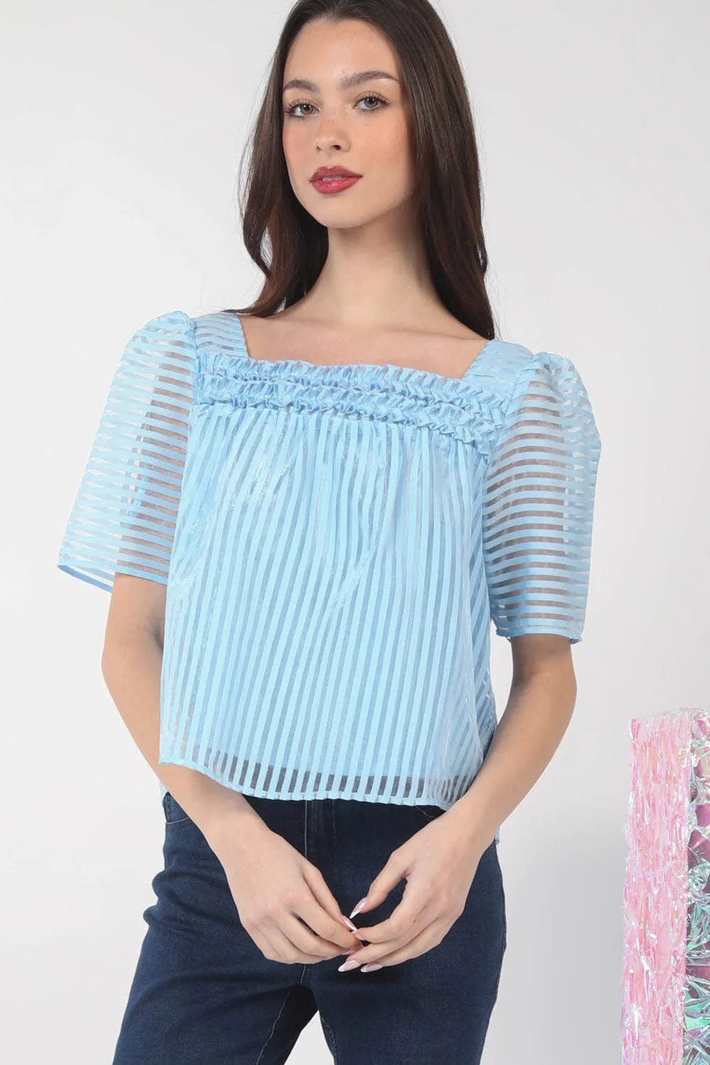 Puff Sleeve Organza Stripe Sheer Blouse Top