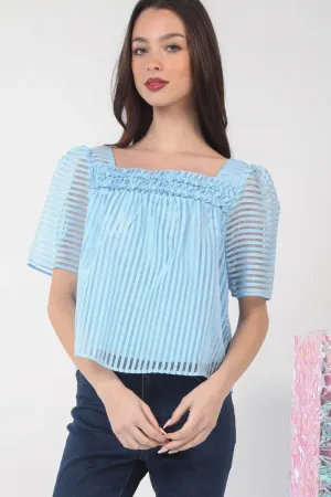 Puff Sleeve Organza Stripe Sheer Blouse Top