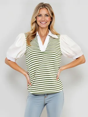 Puff Sleeve Stripe Collared Top