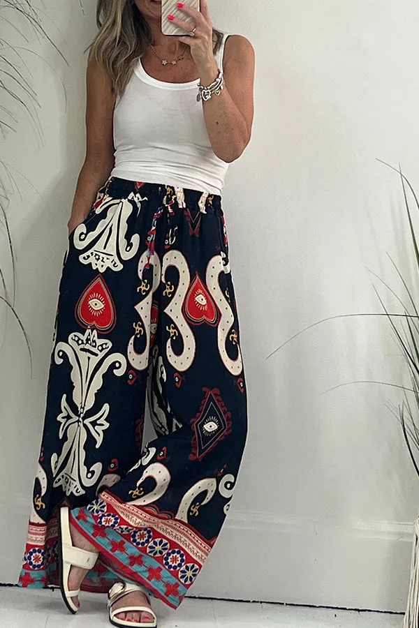 Queen of Hearts Printed Pocketed Drawstring Elastic Waist Pants