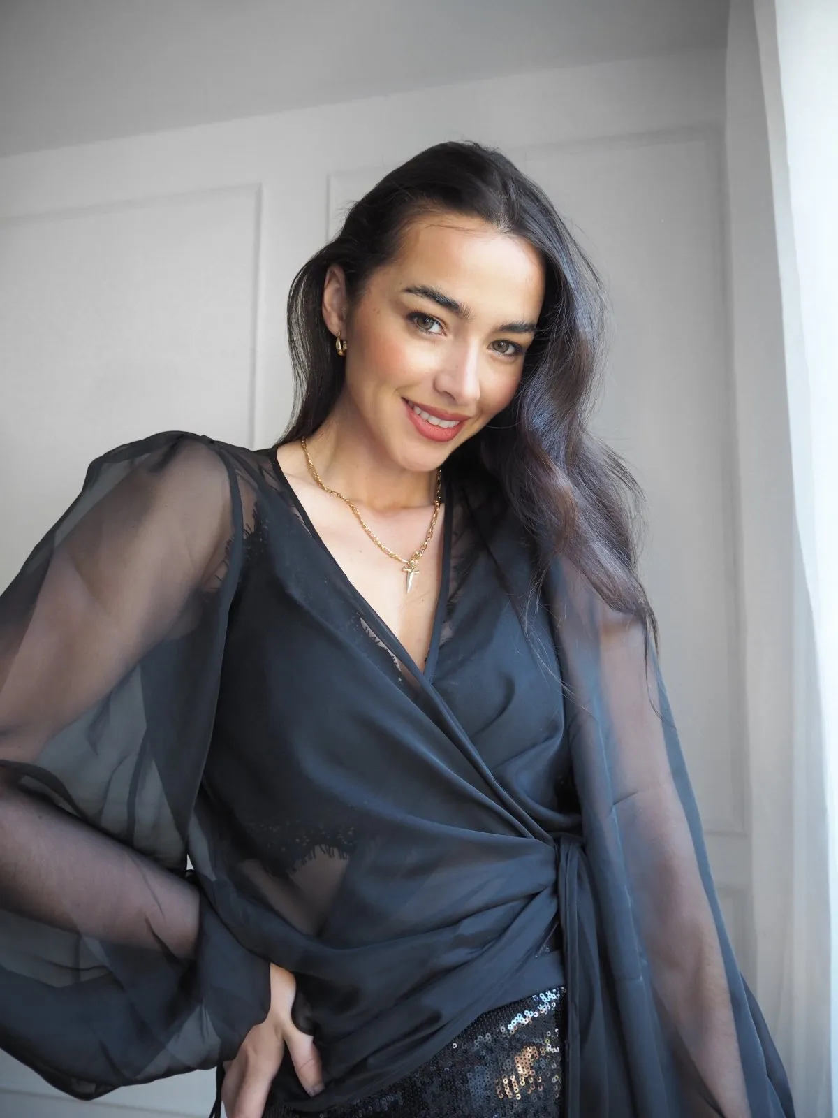 "The Jenny" - Sheer Wrap Blouse (Black)