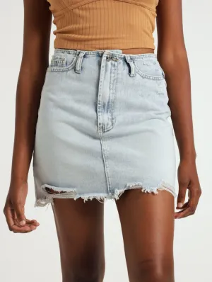 Raw Hem Denim Mini Skirt - Bleach