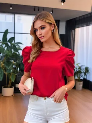 Red Half Sleeves With Puff Details Top