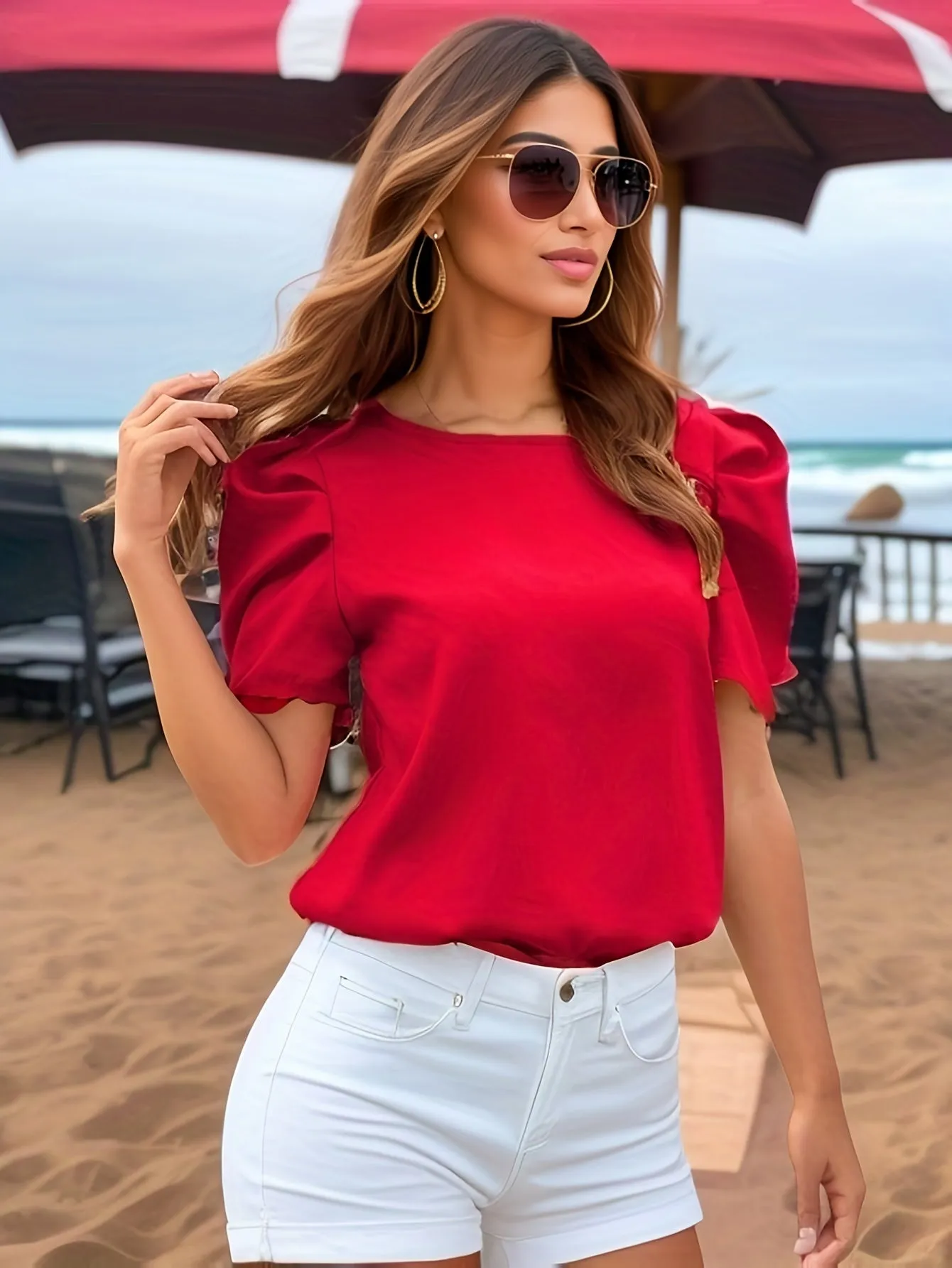 Red Half Sleeves With Puff Details Top