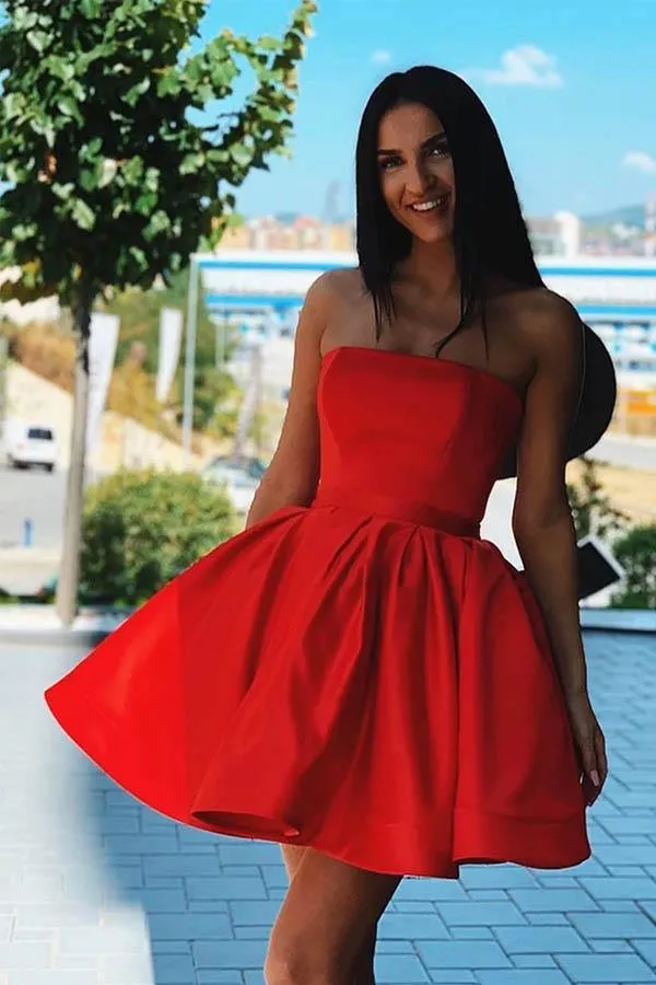 Red Satin A-line Strapless Short Homecoming Dresses, Short Party Dresses, MH549