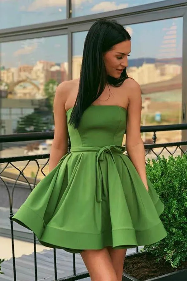 Red Satin A-line Strapless Short Homecoming Dresses, Short Party Dresses, MH549
