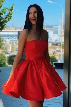 Red Satin A-line Strapless Short Homecoming Dresses, Short Party Dresses, MH549