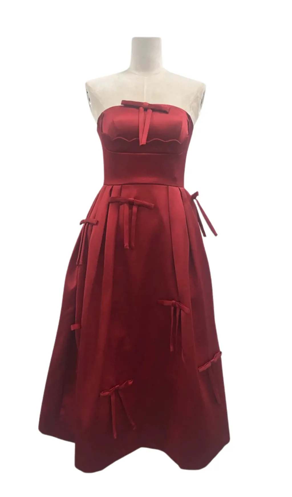RED STRAPLESS RIBBON FRONT PLAIN A-LINE MIDI DRESS