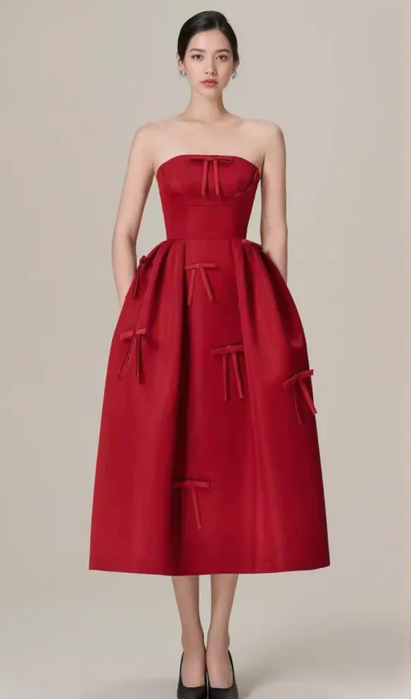 RED STRAPLESS RIBBON FRONT PLAIN A-LINE MIDI DRESS