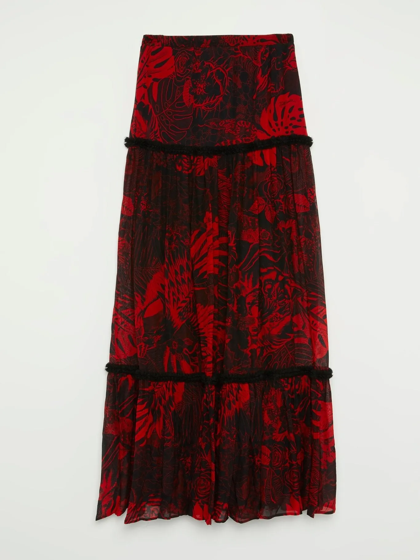 Red Tropical Print Boho Maxi Skirt