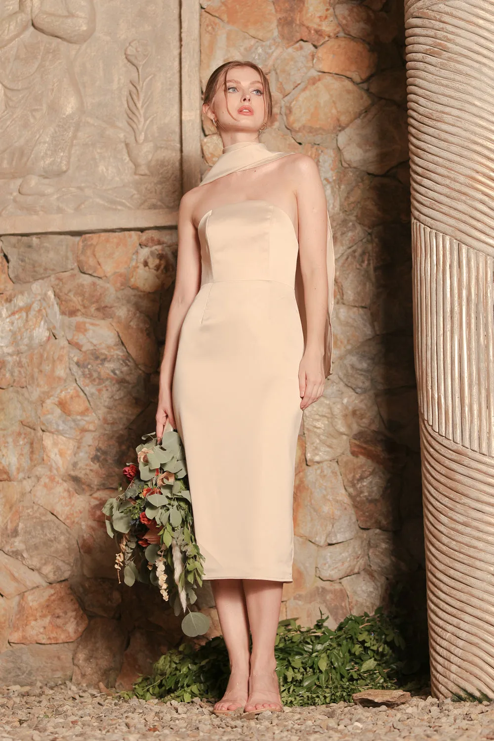 ROMA Strapless Curved Neckline Midi Dress with Silk Scarf  (Nude Silk Crepe)