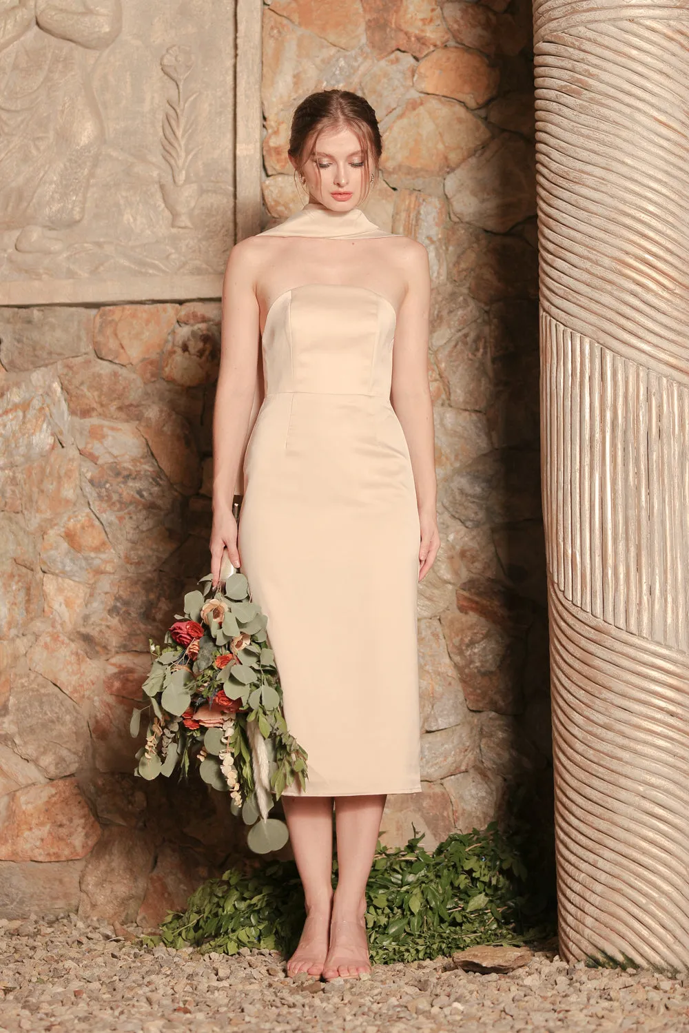 ROMA Strapless Curved Neckline Midi Dress with Silk Scarf  (Nude Silk Crepe)