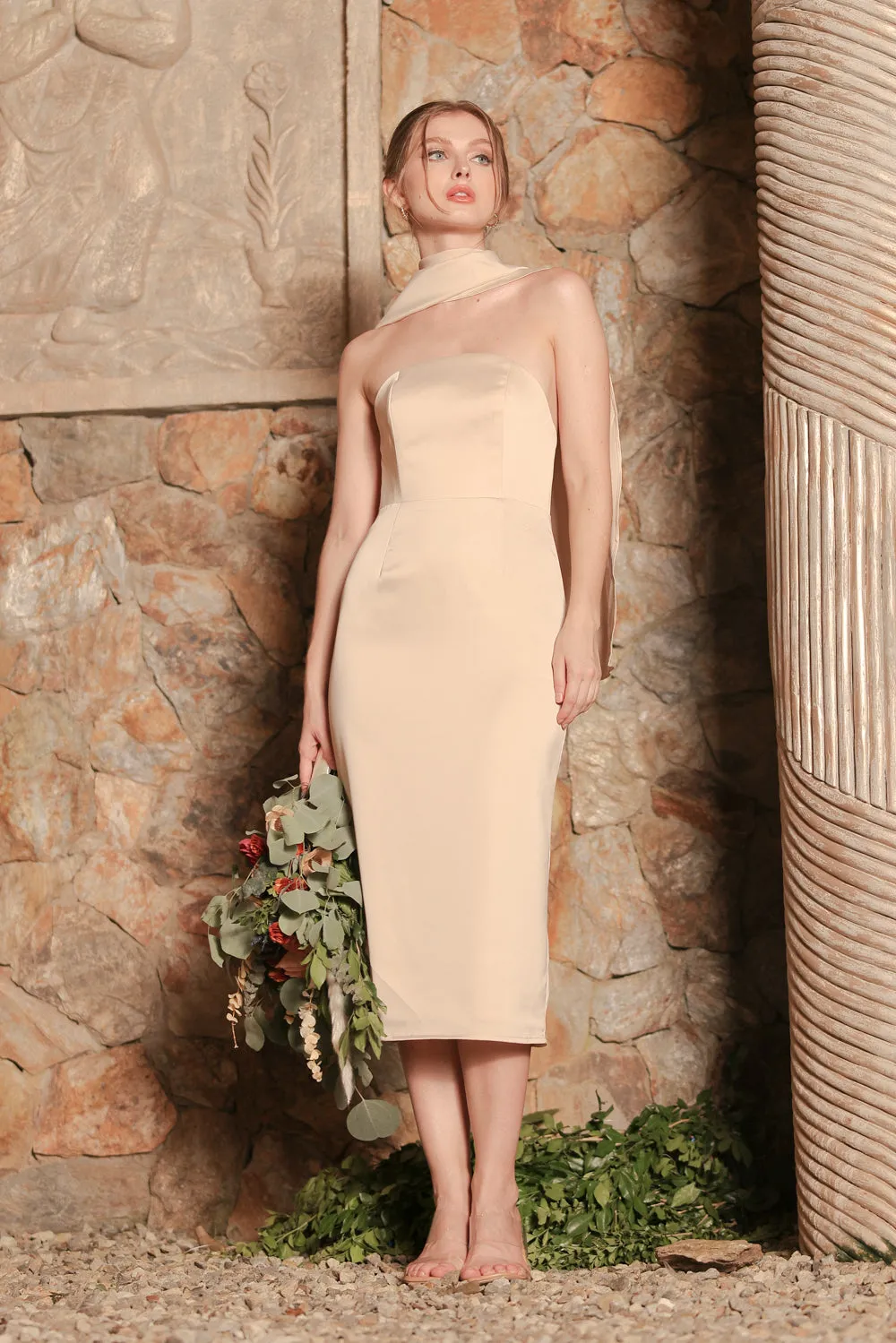 ROMA Strapless Curved Neckline Midi Dress with Silk Scarf  (Nude Silk Crepe)