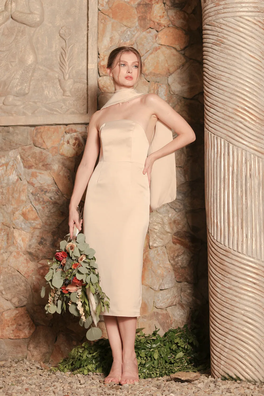 ROMA Strapless Curved Neckline Midi Dress with Silk Scarf  (Nude Silk Crepe)